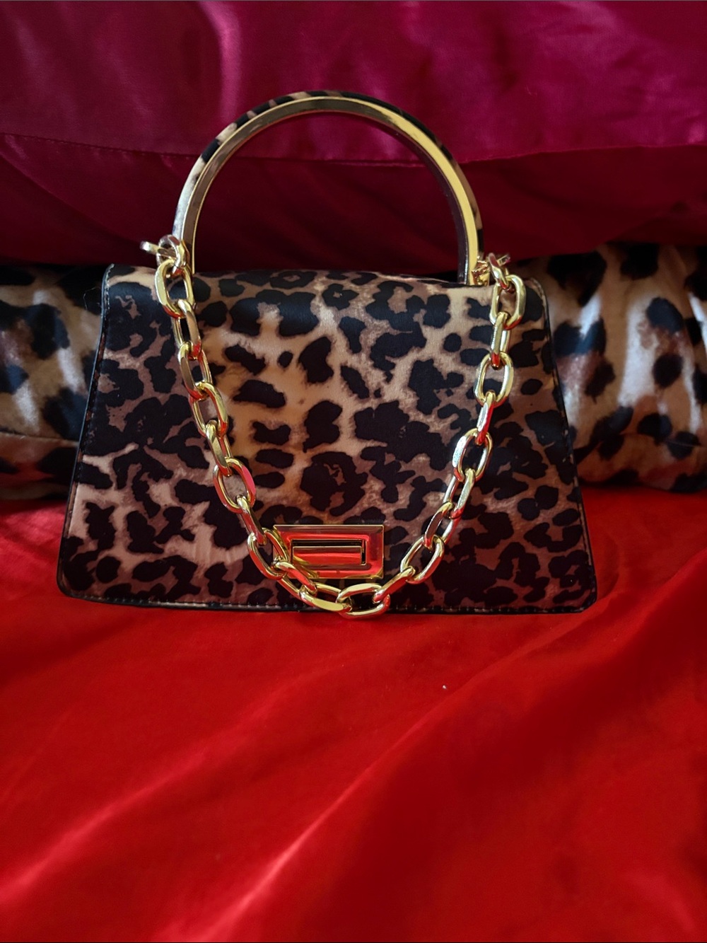 Leopard Print Top-Handle Women’s Crossbody Bag with Gold Chain